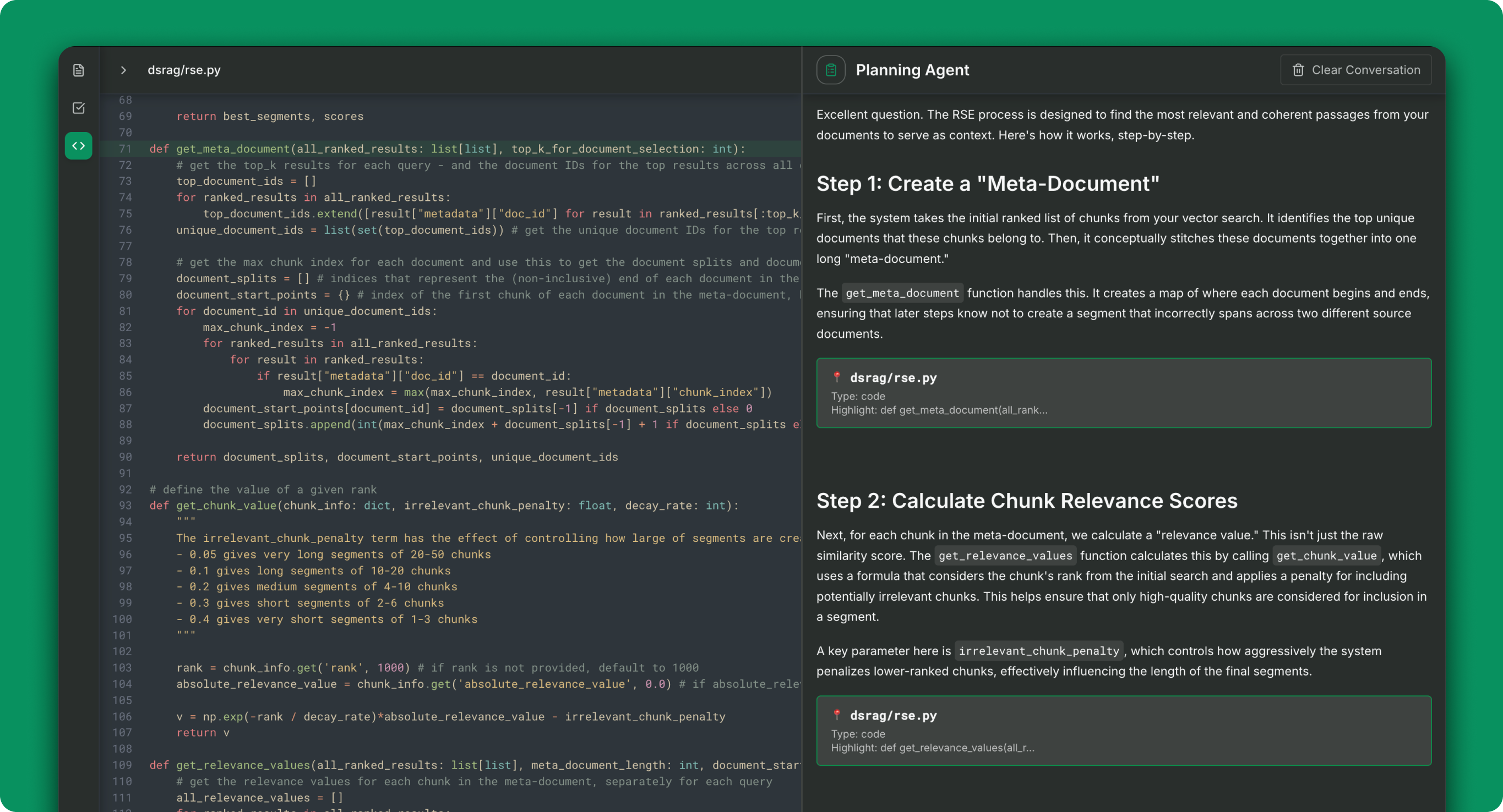 Code understanding interface showing analysis and documentation